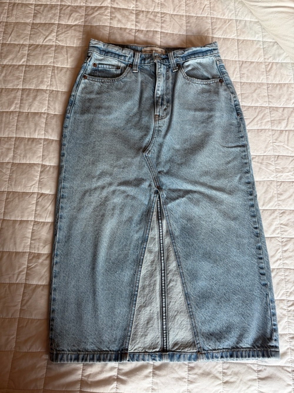 Abercrombie & Fitch Light Wash Denim Midi Skirt with Front Slit